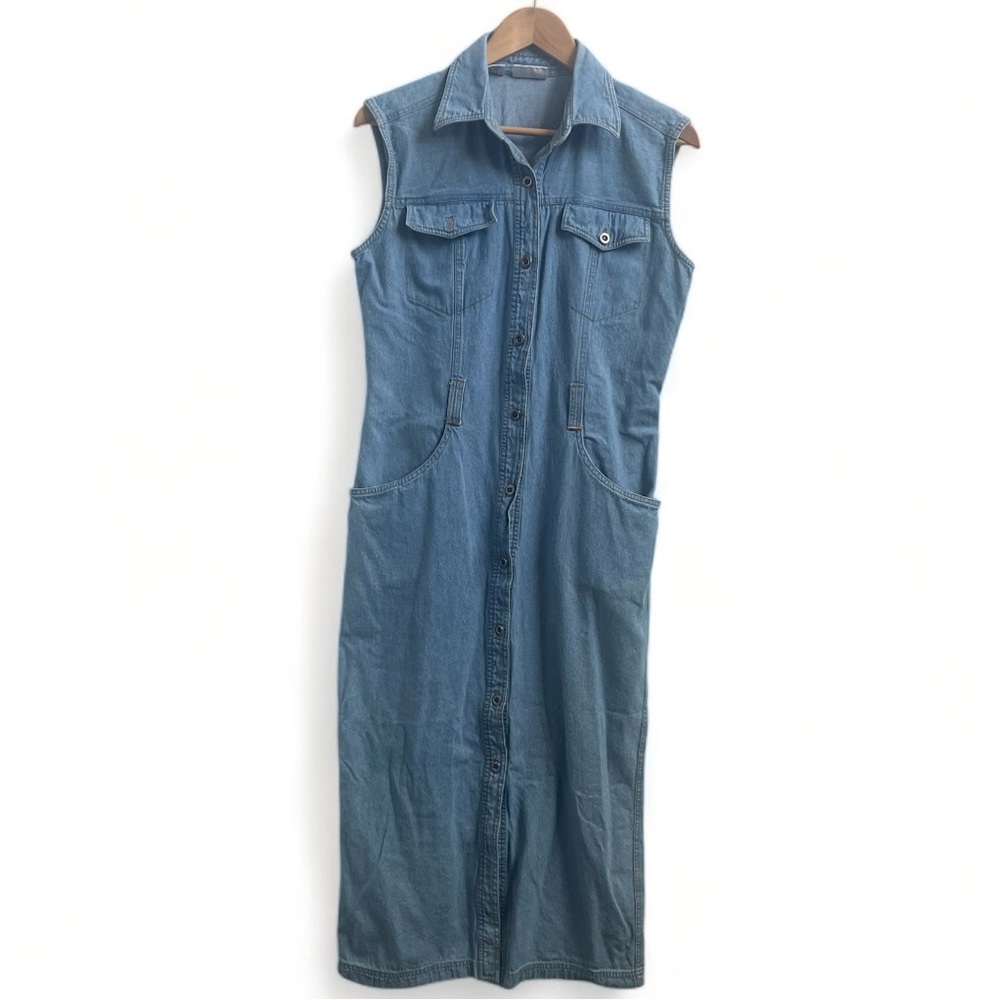 Vintage Rafaella Button Down Denim Collared Sleeveless Maxi Dress Size 8